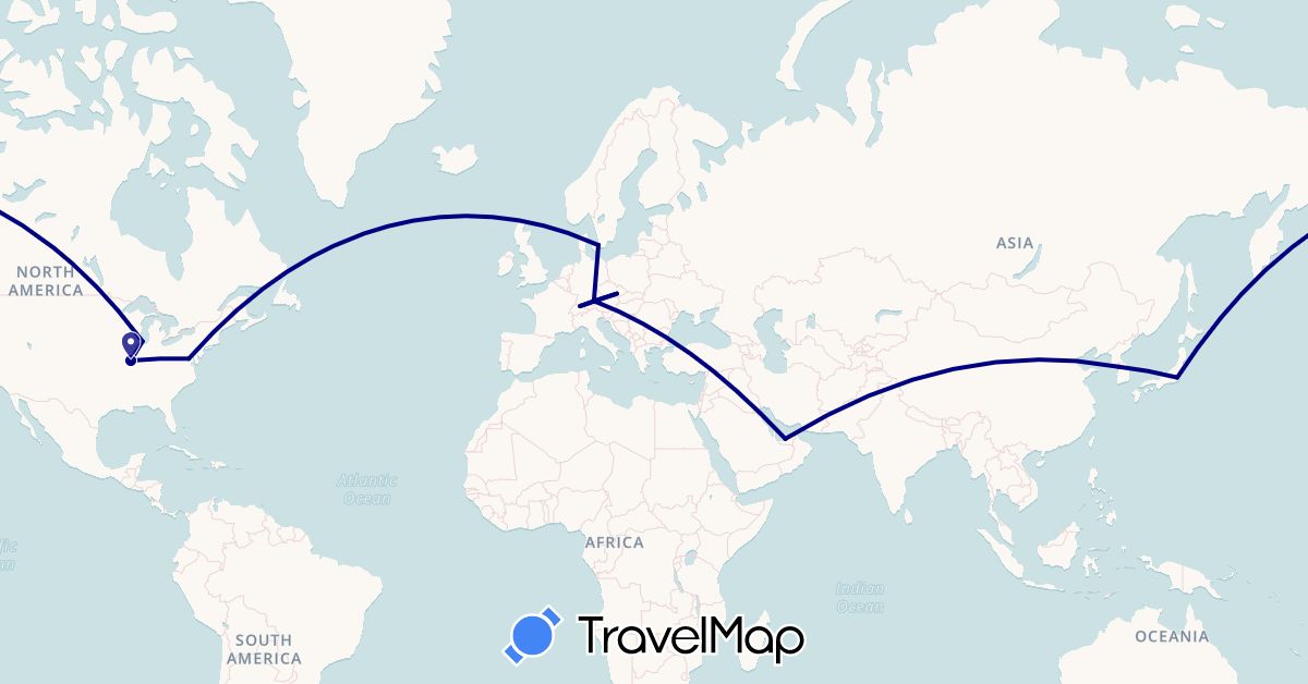 TravelMap itinerary: driving in United Arab Emirates, Switzerland, Czech Republic, Germany, Denmark, Japan, South Korea, United States (Asia, Europe, North America)