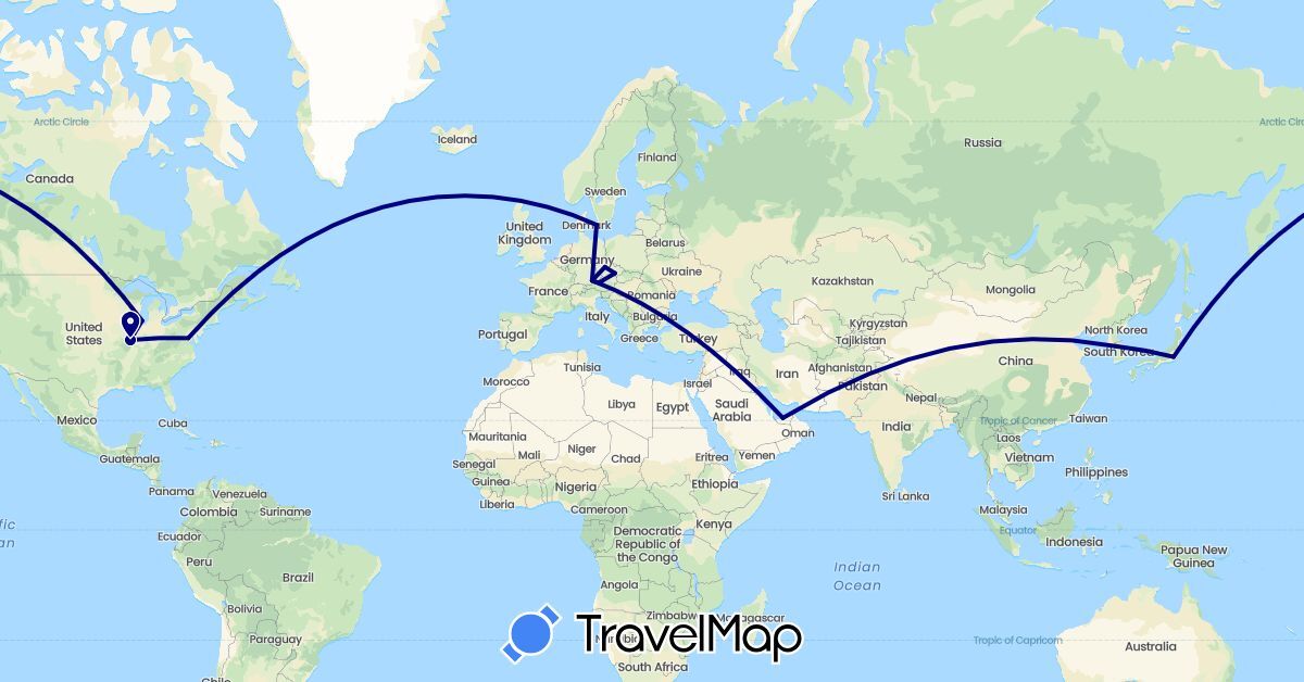 TravelMap itinerary: driving in United Arab Emirates, Austria, Czech Republic, Germany, Denmark, Japan, South Korea, United States (Asia, Europe, North America)