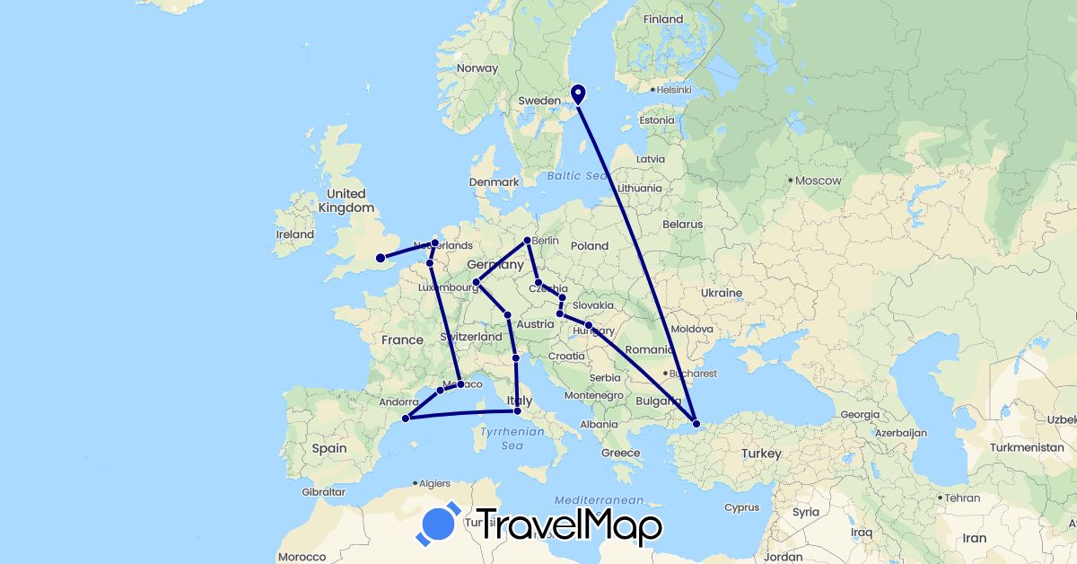 TravelMap itinerary: driving in Austria, Belgium, Czech Republic, Germany, Spain, France, United Kingdom, Hungary, Italy, Netherlands, Sweden, Turkey (Asia, Europe)